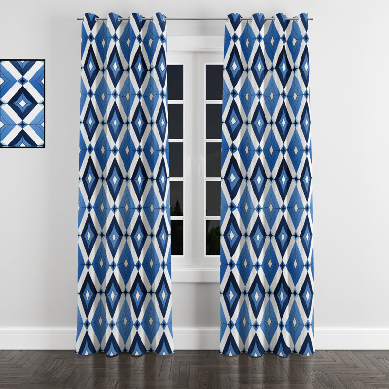Polygones minimalistes blancs et bleus géométriques - rideau occultant géométrique abstrait - 1 panneaux, L 52 po x L 120 po