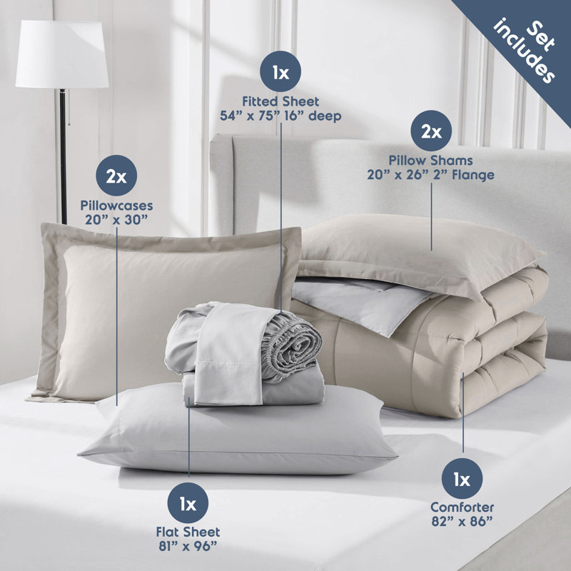 Full Beige and Gray Reversible Microfiber Bed in a Bag Set