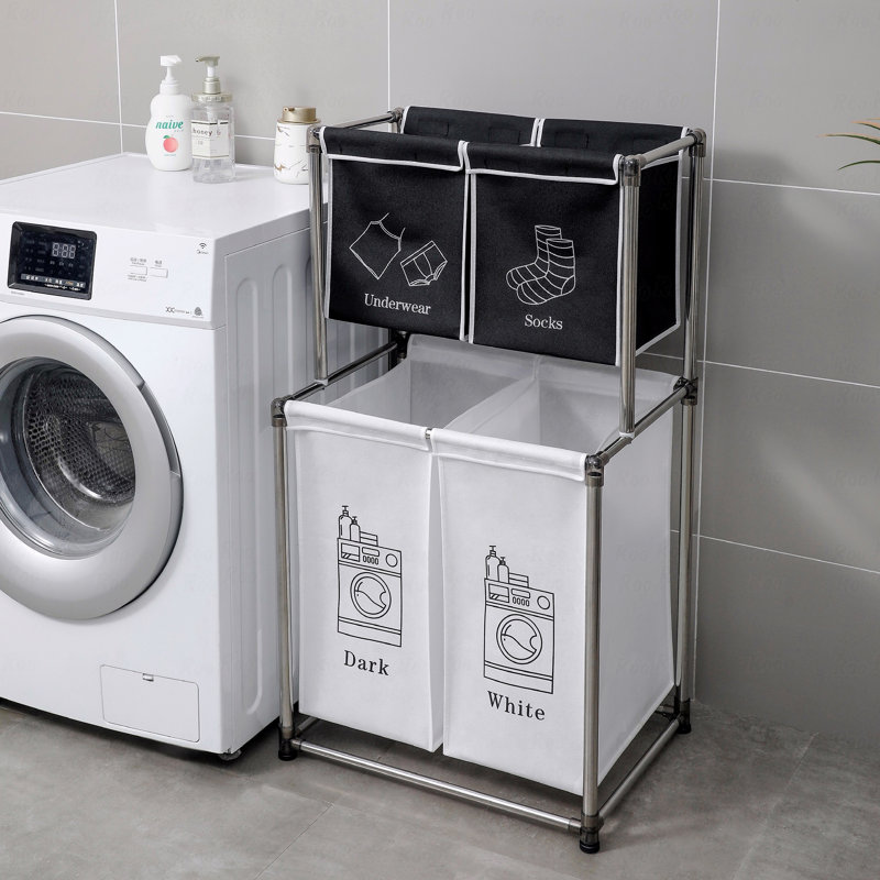 Trieur de linge à 2 niveaux avec 4 sacs amovibles pour organiser les vêtements, la lessive, les lumières