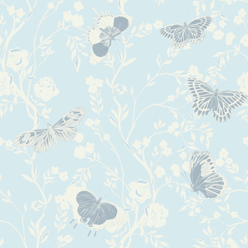 Butterflies in Bloom 33' L x 20.5" W  Wallpaper Roll, Sky Blue