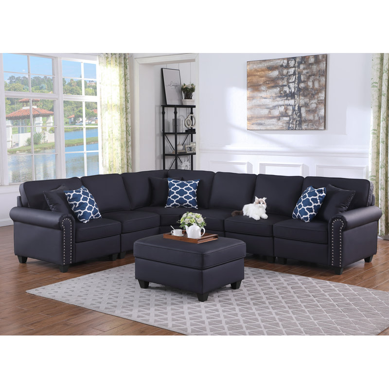 Bozhanka Artificial Leather Modular Sectional With Ottoman, Black Faux Leather