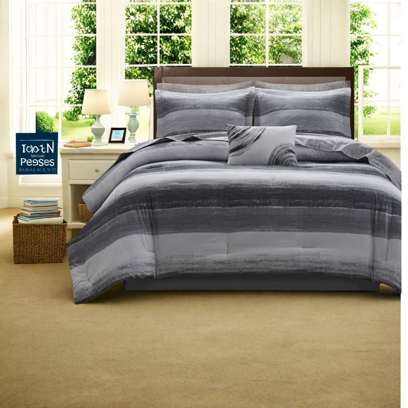Ensemble de literie moderne 9 pièces, microfibre douce et coton, rayures aquarelles noires pour le confort de la chambre