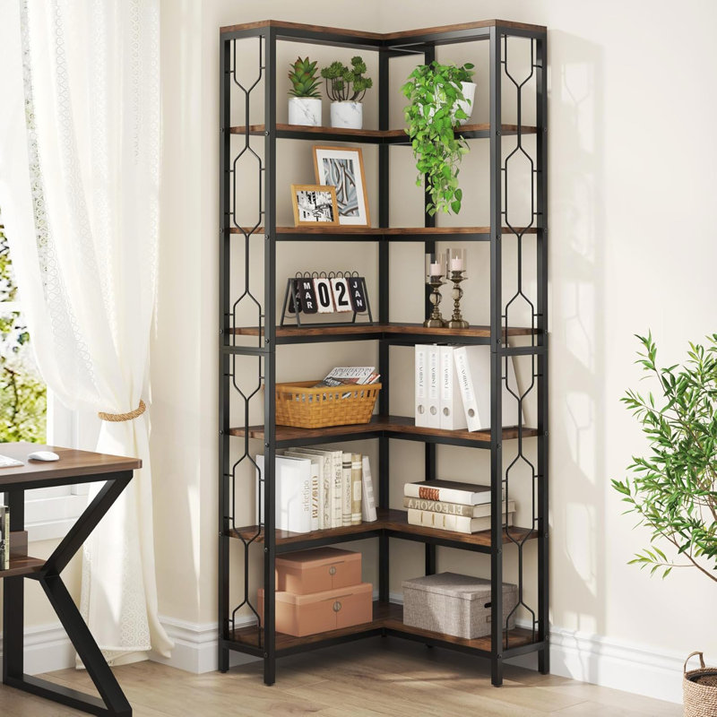 78.74" Tall 7-Tier Industrial Corner Bookshelf Tall Wood Metal Etagere Display Shelf For Home Office, Rustic Brown