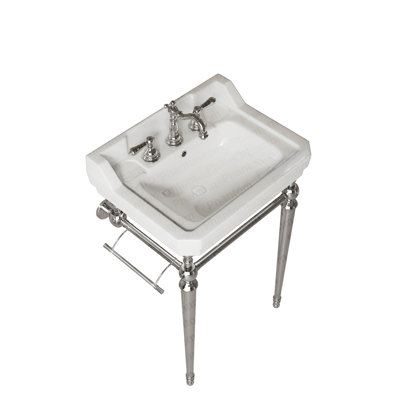 Lavabo de console de salle de bain Vici 23 po, meuble-lavabo mural en céramique blanche avec 3 trous de robinet pré-percés, pieds de support autoportants en acier inoxydable avec barre à serviettes, sans robinet ni couvercle de lavabo, couleur chrome