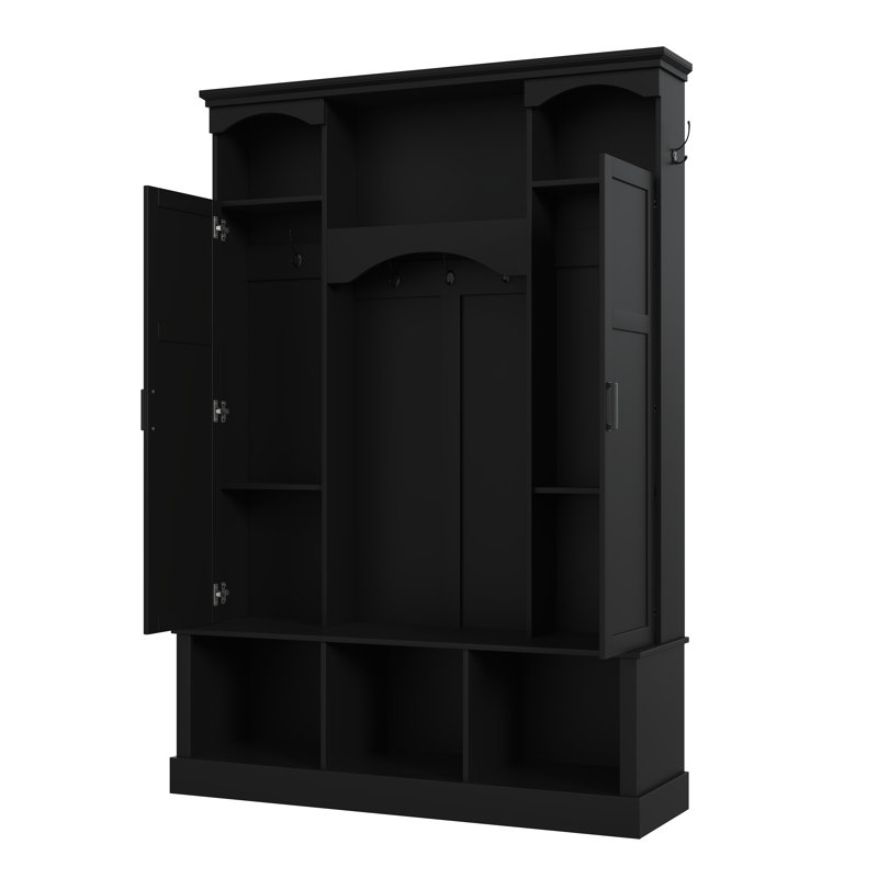 Pollen Modern Farmhouse Hall Tree with Storage Bench, Adjustable Shelves & 7 Hooks, Black