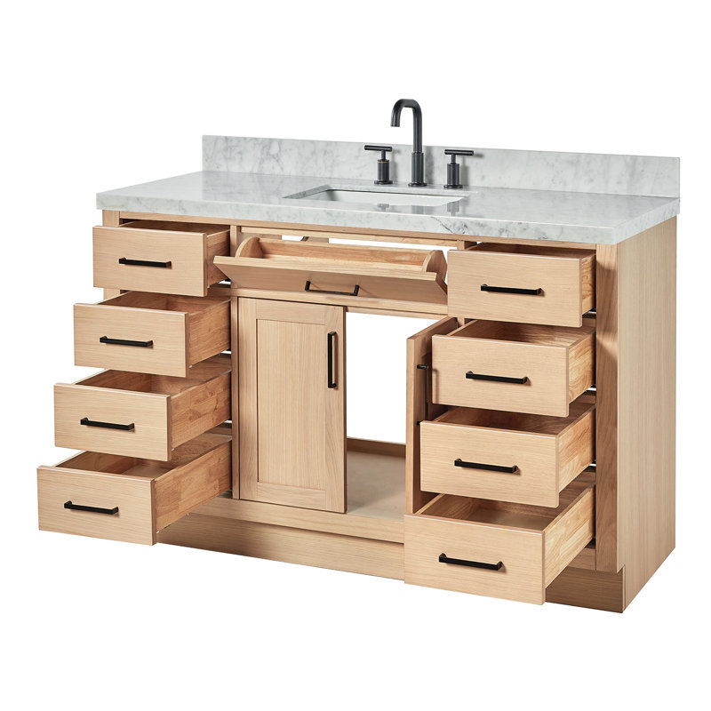 Thornaby 54'' Solid Wood Single Bathroom Vanity with 1.5'' Carrara Marble Top Sink, Natural Oak / Matte Black, Rectangular