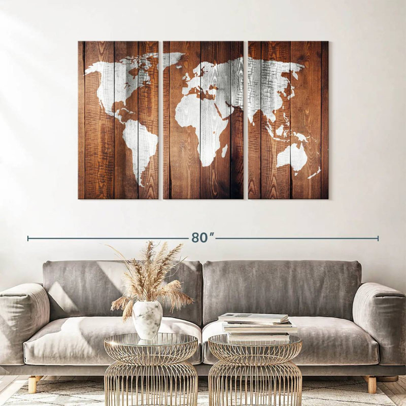 World Map " Chestnut World Map " 3 Piece Art Set, 57" H x 36" W x 1.25" D