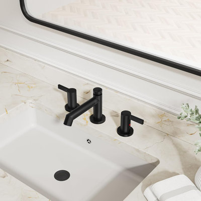 Robinet de lavabo de salle de bain 3 trous noir mat, robinet de salle de bain moderne espacé de 8 pouces, robinet de salle de bain en laiton avec bonde escamotable en métal et ligne d'alimentation en eau