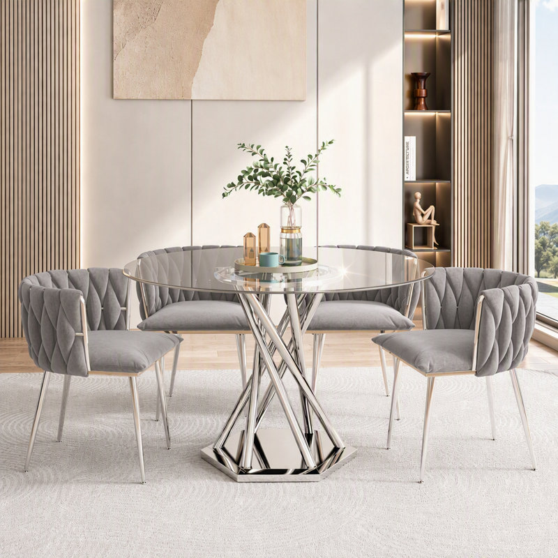 Ensemble de table de salle à manger ronde 47,2 "pour 4, 5 pièces, ensemble de table de salle à manger en verre trempé avec 4 chaises rembourrées en velours, pour cuisine, appartement