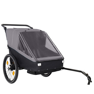 2 in 1 Kids Bike Trailer and Stroller for 1 to 2 Children, Jogging Function, Foldable Compact Storage with Universal Bike Hitch, 5-Point Harness and Storage Bags, Gray