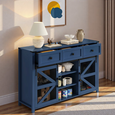 Sideboard Buffet Cabinet With Sliding Barn Door, 3 Drawers, Adjustable Shelves, Metal Mesh And Aluminum Handles