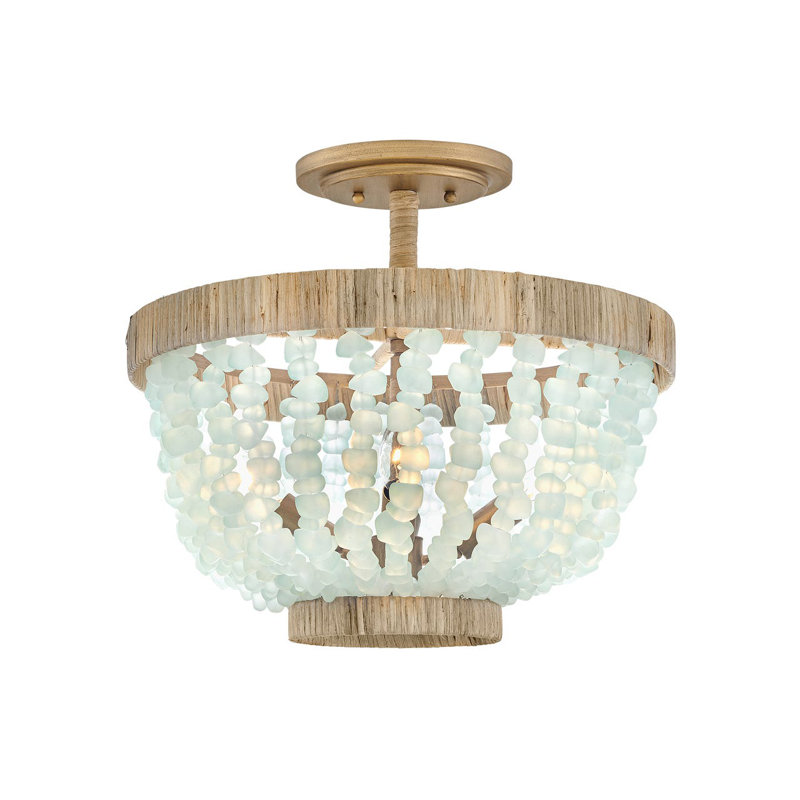 Burnished Gold Bohemian LED Bowl Light with Blue Sea Glass