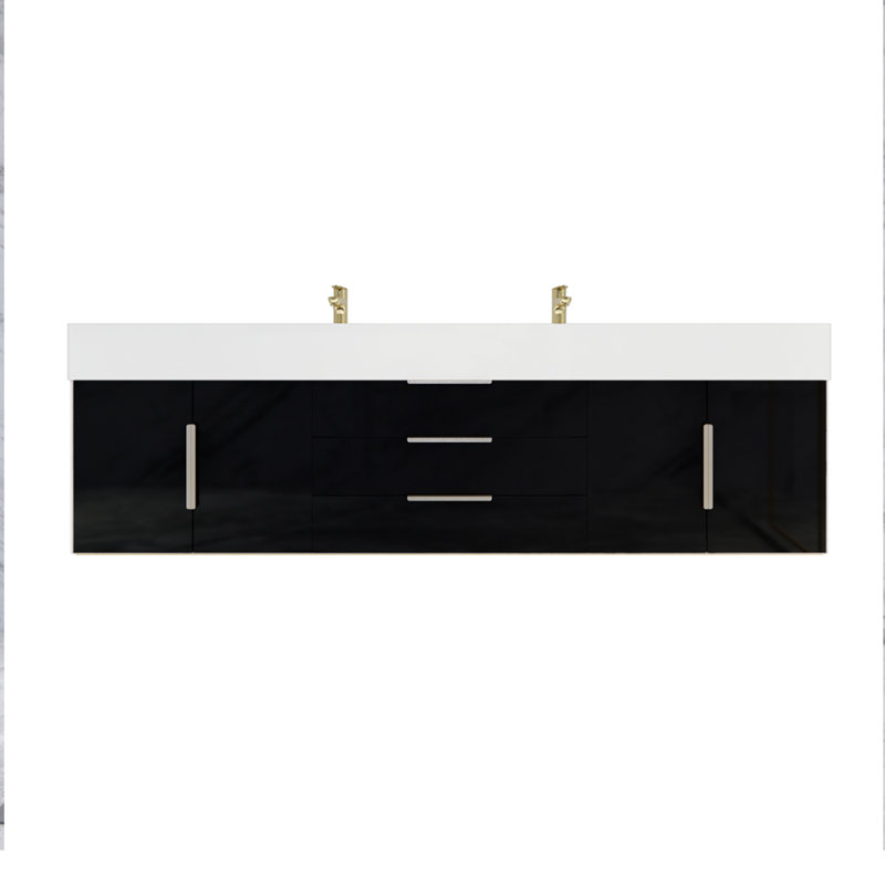 Ensemble de meuble-lavabo mural double l 72 "Glasgow, Noir ultrabrillant