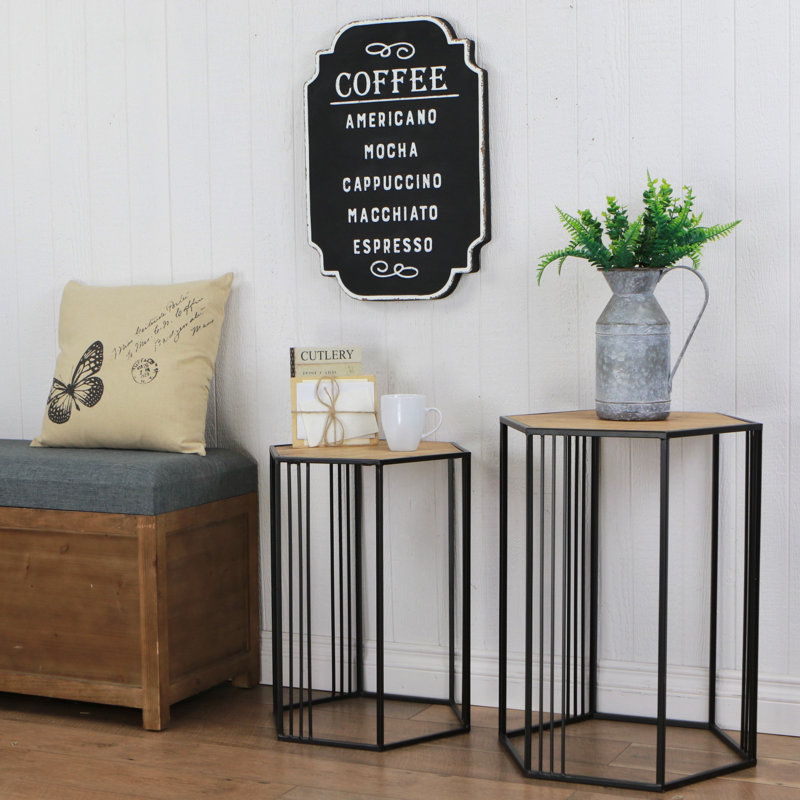Set Of Two 24" Black And Brown Solid Wood And Steel Hexagon Nested Tables