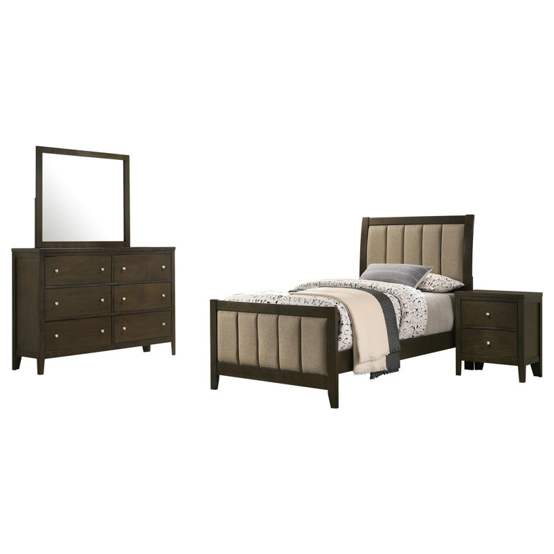 Ensemble de chambre à coucher simple 4 pièces Wily, miroir de commode, revêtement brun foncé Wily, Brun cacao foncé / nickel