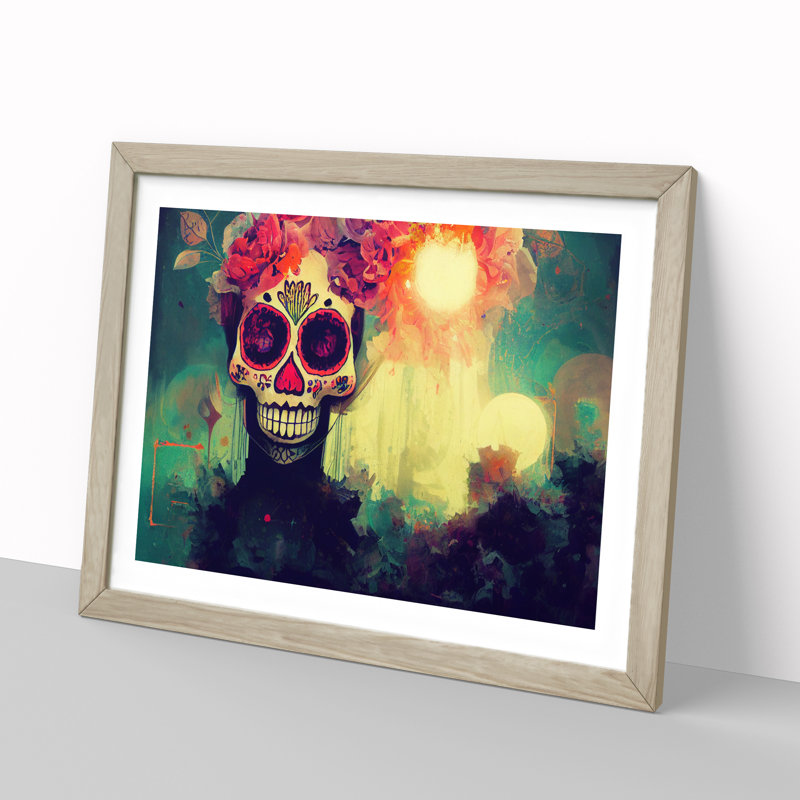 Sugar Skull Woman Vol.5 Abstract - Single Picture Frame Painting, 34cm H x 46cm W x 2cm D, Oak Framed