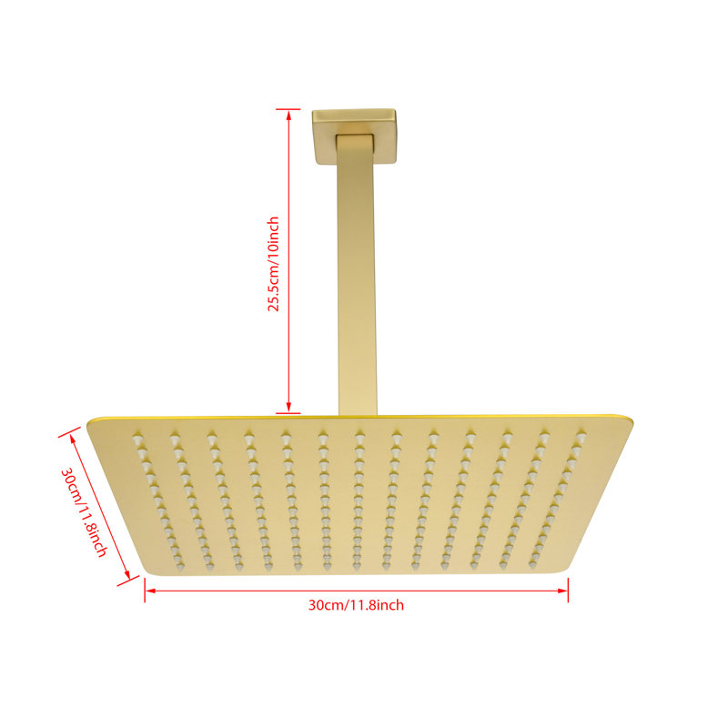 Bathroom Stainless Steel Rain Shower Head - Brushed Gold 12x12 In High Water Saving With Self-cleaning Feature Plaque Rainfall Cleanable Nozzle