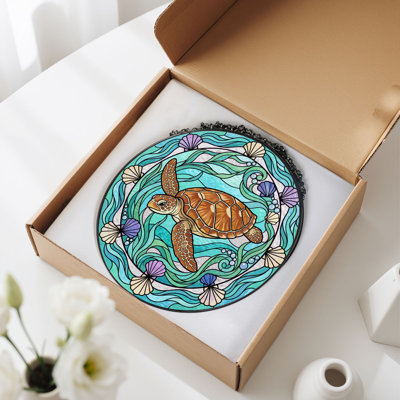 Sea Turtle Stained Glass Window Panel，7.8H
