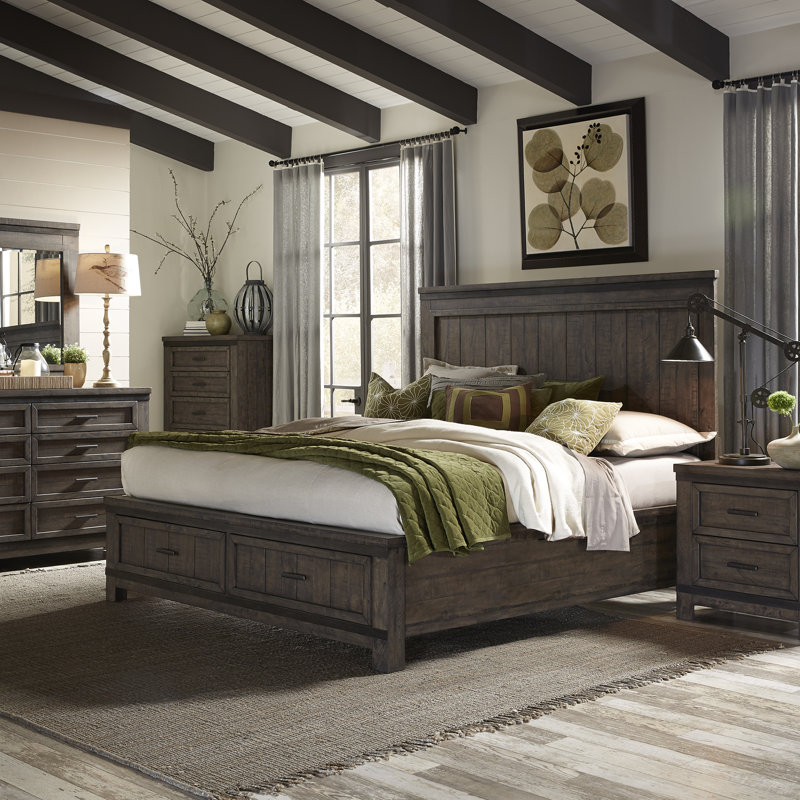 Grand lit de rangement, commode et miroir Balachandran, commode et table de chevet