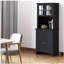 Élégante armoire latérale avec garde-robe, armoire de rangement de cuisine, avec porte en verre encadrée et espace pour four à micro-ondes, noir