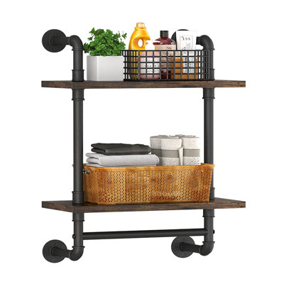 16 Inch Industrial Pipe 2-Tier Wall Shelf with Towel Bar