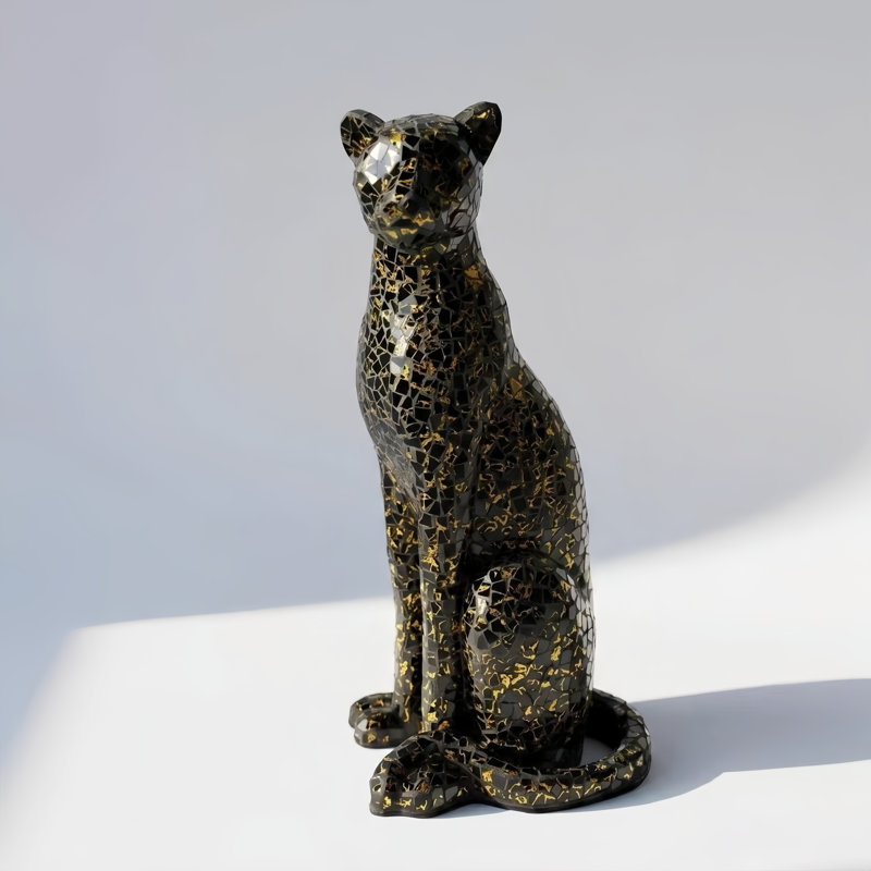 Sculpture de panthère assise en verre mosaïque craquelée de 30,7 po de hauteur, or