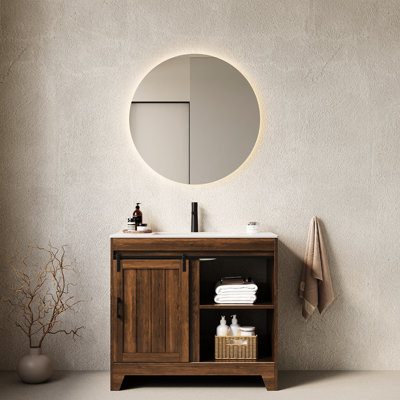 36 po. Meuble-lavabo de salle de bain 36 po. Design. Noyer foncé, comptoir en pierre frittée, lavabo en céramique. Et meuble-lavabo autoportant fonctionnel, noyer, comptoir, armoire