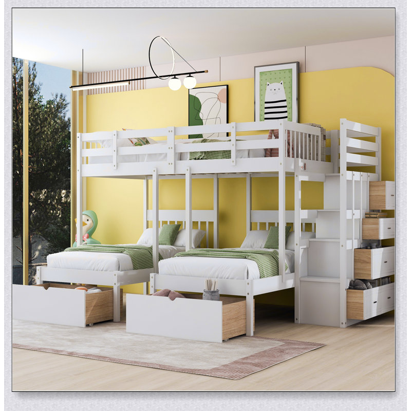 Full Over Twin & Twin Bunk Bed, Wood Triple Bunk Bed With Drawers And Guardrails, White