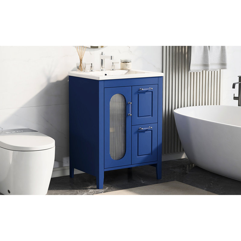 Meuble-lavabo bleu 24 po avec lavabo, tablette réglable, deux tiroirs, porte, porte en bois massif et finition