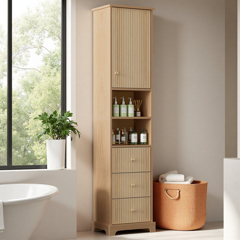Grande armoire de salle de bain autoportante de style américain traditionnel avec tablette réglable, 3 tiroirs, rangement ouvert et poignées élégantes en métal doré pour des solutions peu encombrantes
