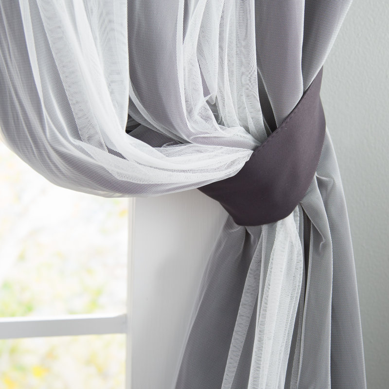 Fortuna Brockham Solid Tulle Overlay Room Darkening Grommet Curtain Panels, Dark Gray, 52" W x 108" L