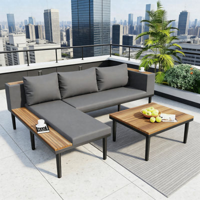 L-Shaped Outdoor Acacia Wood Sectional Sofa Set With Removable Cushions, Coffee Table & Side Table – Modern Patio Conversation Set
