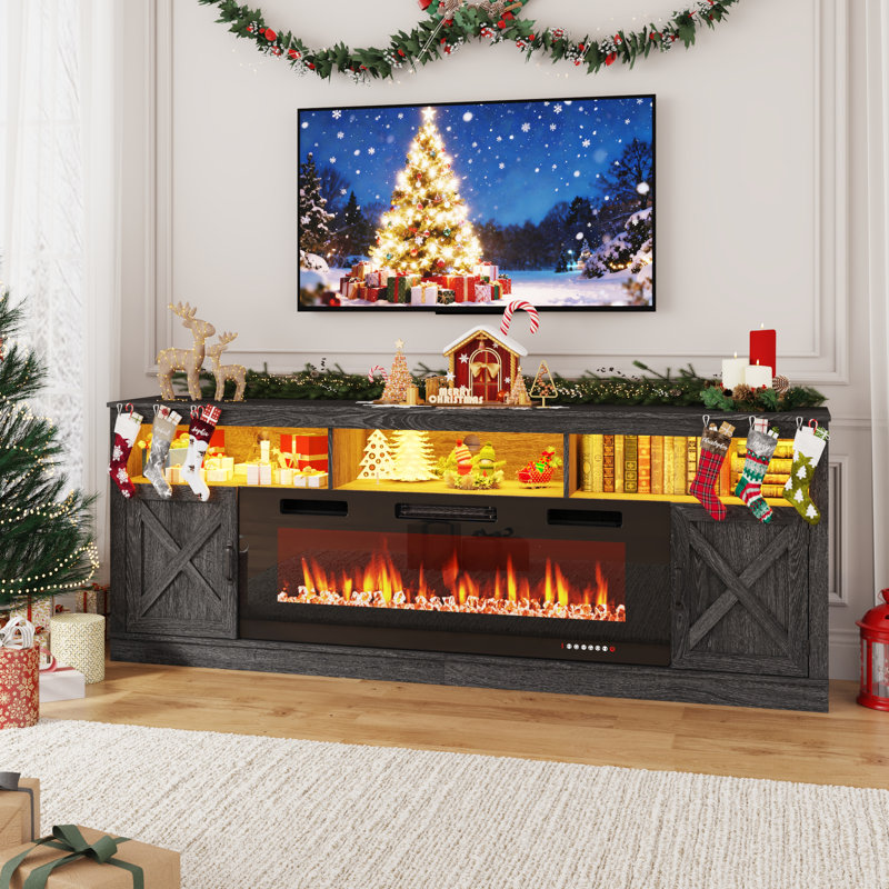Meuble télé Farmhouse pour téléviseur de 95 po avec foyer électrique de 50 po et éclairage à DEL, console multimédia de 83 po avec armoire à porte de grange pour le salon