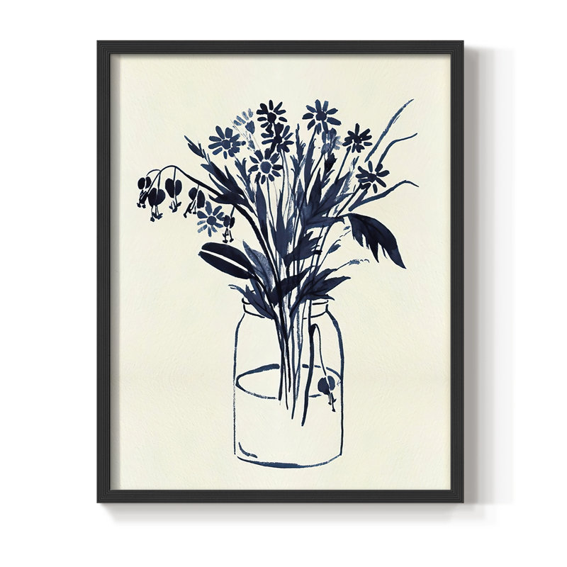 Indigo Floral Vase II, reproduction encadrée - bois massif, H 15 po x l 12 po, Noir, noir, noir, noir