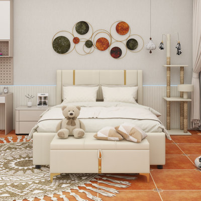 2-Pieces Bedroom Sets,Queen Size Upholstered Platform Bed With Trundle Bed, 2 Drawers,Night Light And USB Charge,Storage Ottoman With Metal Legs