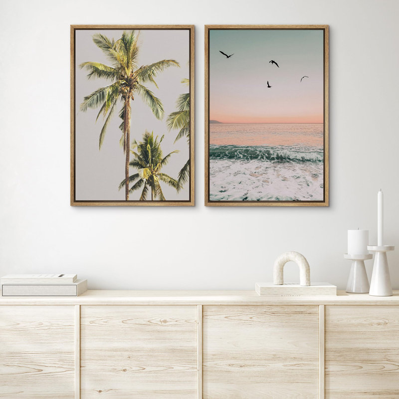«Tropical Palm Tree Silhouette and Sunset Birds Over Ocean Waves», art mural 2 pièces, H 24 po x l 16 po, Naturel