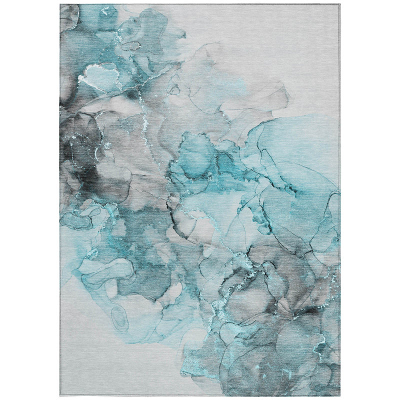 Tapis extérieur lavable abstrait sarcelle et gris 9 pi x 12 pi