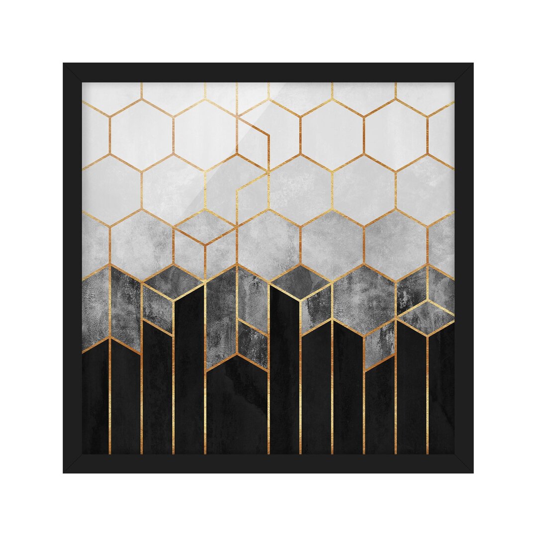 Gerahmtes Poster Golden Hexagons in Schwarzweiß