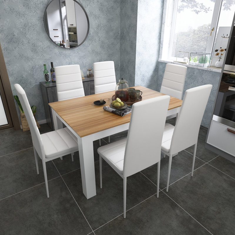 Elfredia 6 Person Wood Dining Set, Brown Wood, White