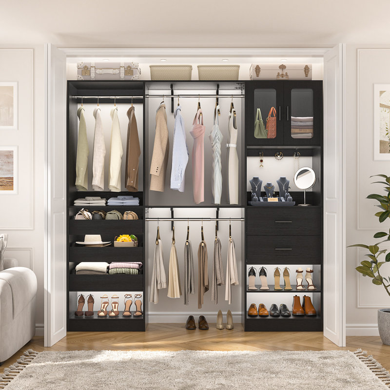 80"-120" Closet System With Door And Wooden Drawers(Adjustable Width), Black