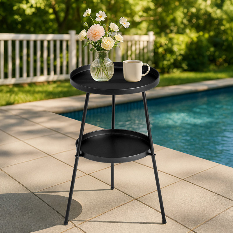 Table d'appoint ronde en métal noir mat - Conception moderne à 2 niveaux pour la vie intérieure et extérieure