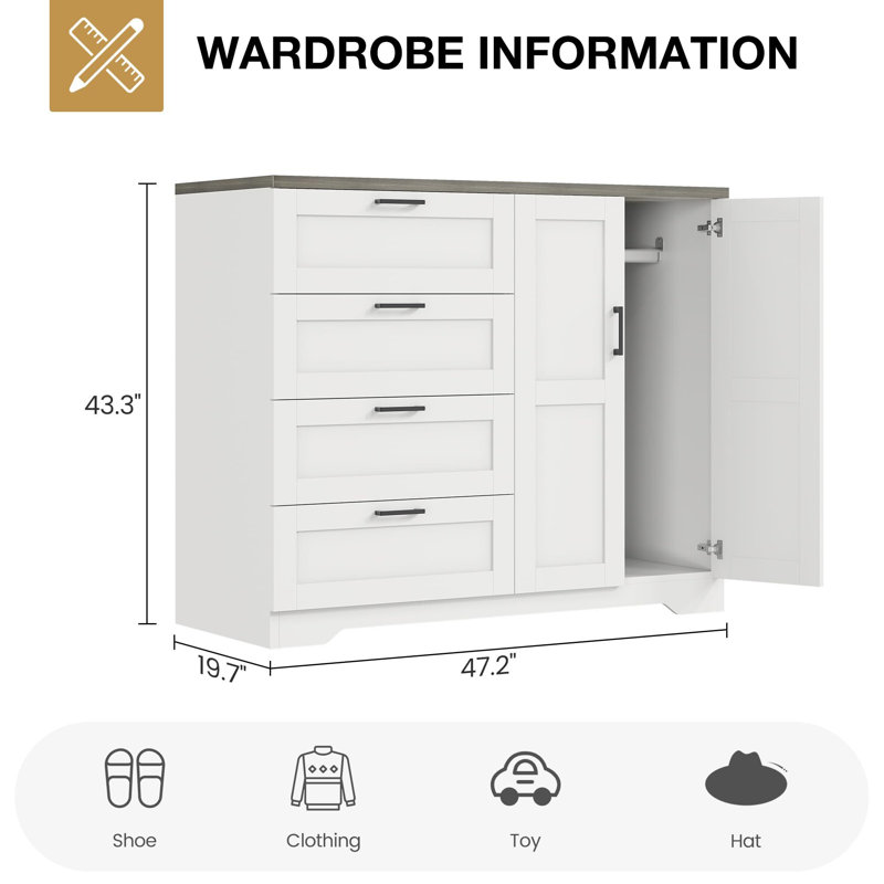 Armoire penderie en bois avec 4 tiroirs, 2 portes et tringle blanche, Blanc