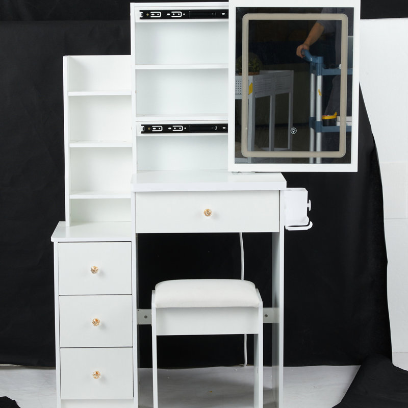Tiny Left Bedside Cabinet Dressing Table With Relaxing Stool, Extraordinarily Huge Touch-Control Sliding Led Mirror, 2 Ac + Power Socket, Hair Dryer Bracket, Three-Color Switchable , , , Ul , White