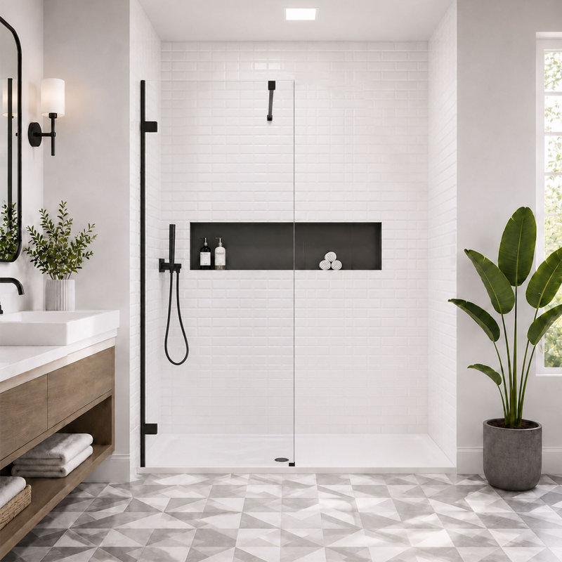 Cascada 32" W x 76" H Frameless Single Fixed Glass Panel,3/8" (10 mm) Tempered Glass with Safety Film, Easy-Clean Coating & Adjustable Support Bar, Matte Black