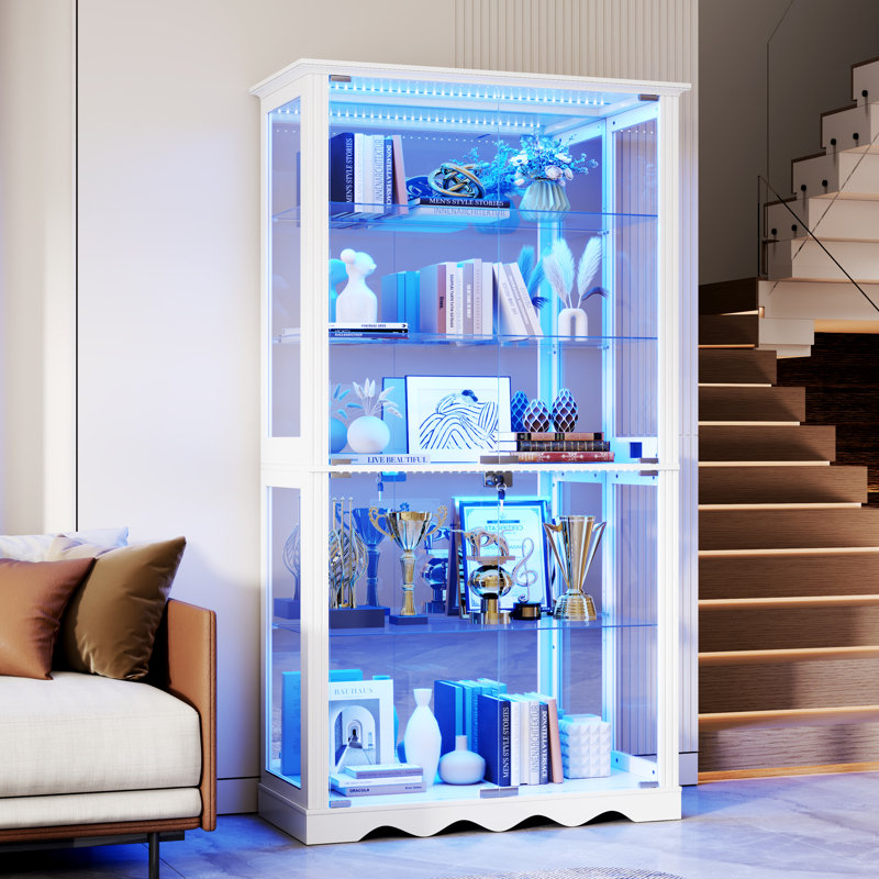  Vitrine en verre 70,9 "de haut, armoires à 5 niveaux avec éclairage RVB et capteurs de corps humain, Blanc