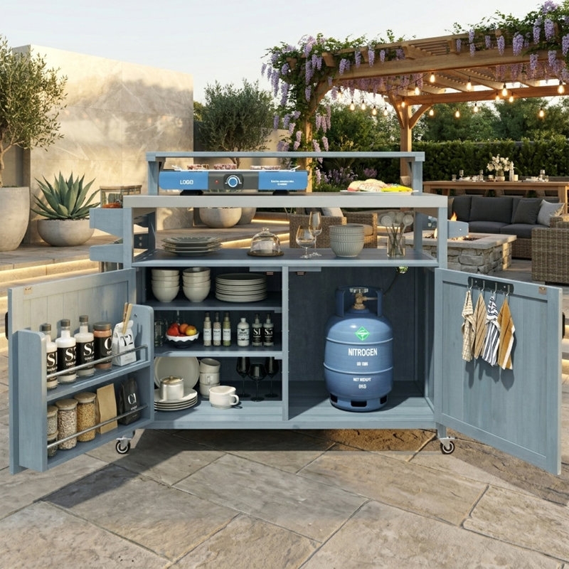 Îlot de cuisine en bois massif à double couche et station de préparation pour barbecue - Chariot à roulettes avec plateau en acier inoxydable