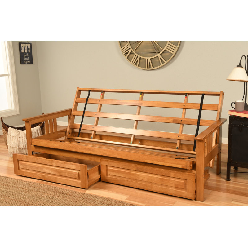 Stratford 86" Queen Futon and Mattress with Drawer set, Blue Microsuede, Butternut, Innerspring