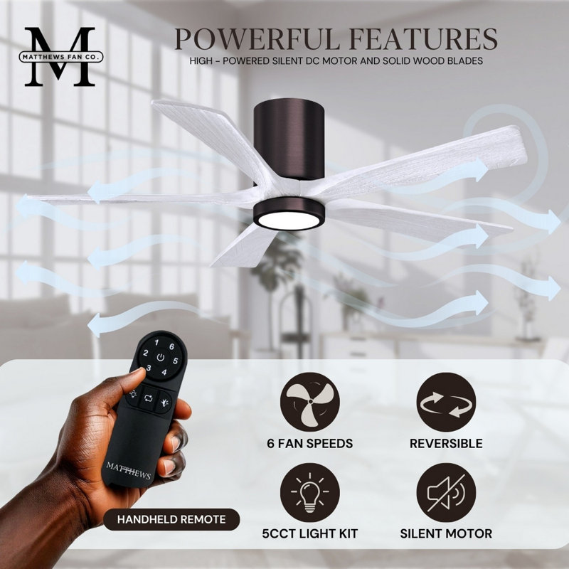 Irene Flushmount Light Kit 5 Blade LED Ceiling Fan, Brushed Bronze, 60", Matte White