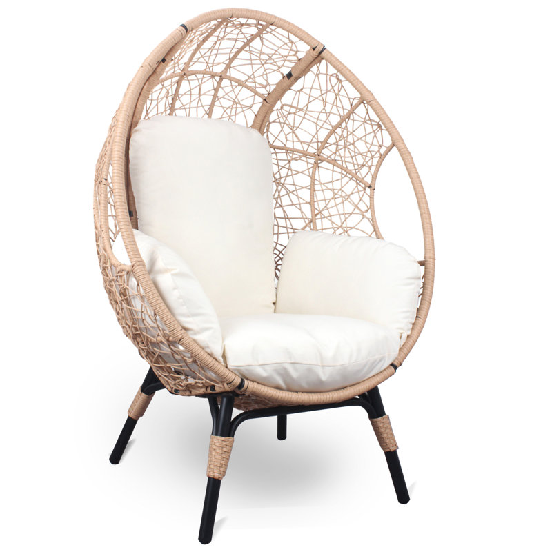 Chaise de patio en osier PE modèle 3 avec coussin en rotin de couleur naturelle beige et table d'appoint, Naturel / Blanc