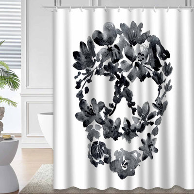 Watercolor Skull Flowers Black Shower Curtain with 12 Hooks